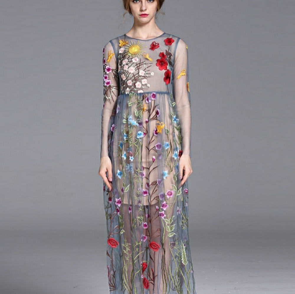 Mesh embroidered dress with nude slip